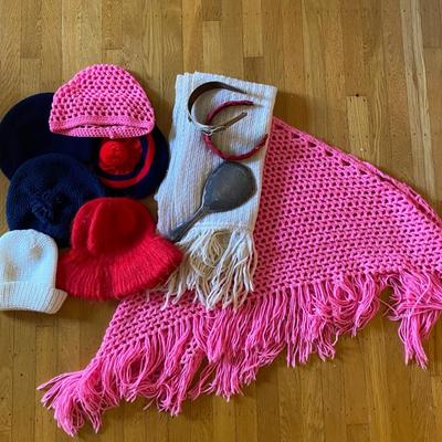Sterling hand mirror, chrochet shawls, hats, and headbands and sterling handheld mirror
