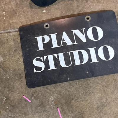 Building signs and vintage trunk