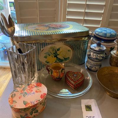 Collection of incense burners, brass bowls, table lamp, tins and more.