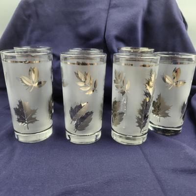 7 MID-CENTURY LIBBEY LEAF SILVER FROSTED FOLIAGE GLASSWARE