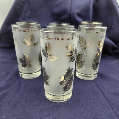 7 MID-CENTURY LIBBEY LEAF SILVER FROSTED FOLIAGE GLASSWARE