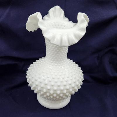 FENTON MILK GLASS HOBNAIL RUFFLED VASE