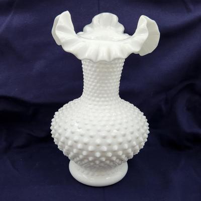 FENTON MILK GLASS HOBNAIL RUFFLED VASE