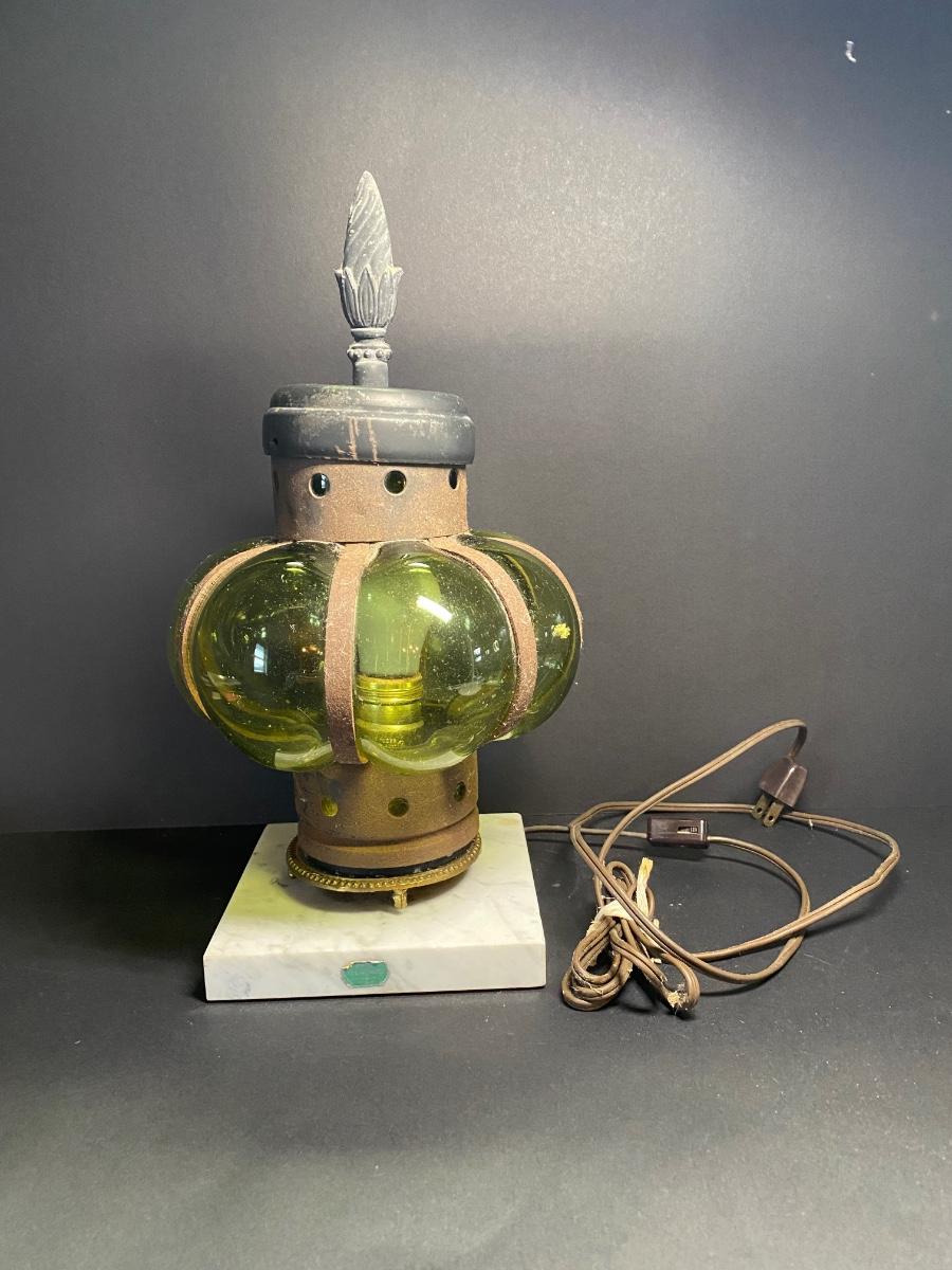 LOT202C Vintage Green Glass Lamp w/ Marble Base