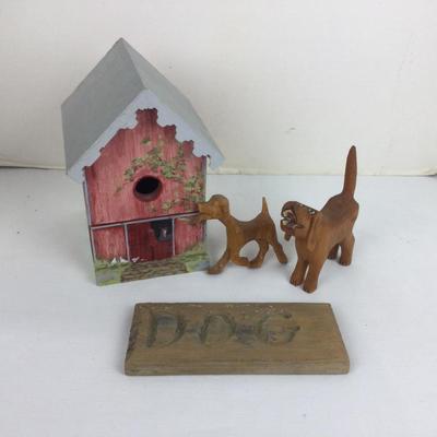 816 Hand Painted Bird House & Folk Art Dogs