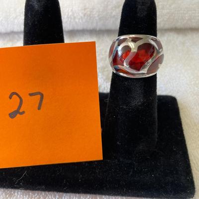 Angelique De Paris Red Lucite & Sterling Cigar Band Ring