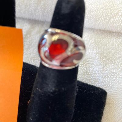 Angelique De Paris Red Lucite & Sterling Cigar Band Ring
