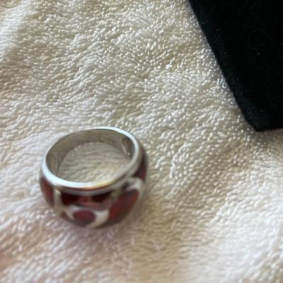 Angelique De Paris Red Lucite & Sterling Cigar Band Ring