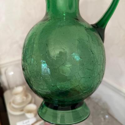 Handblown Crackle Glass Green pitcher