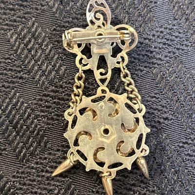 Cameo Brooch with Fleur De Lis and clear rhinestone brooch, Victorian Woman, Carved Cameo Lapel Pin, Gold Tone Chain Dangle Cameo Jewelry