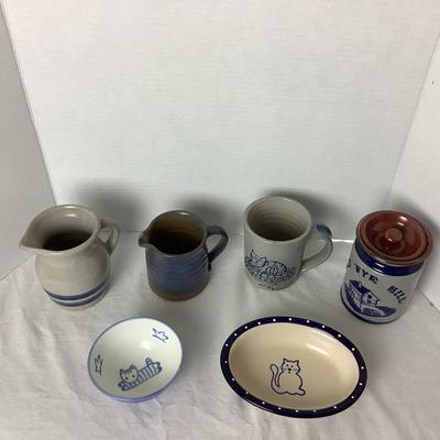 791 Various Salt Glazed Pottery Cat Themed Cups, Pitcher, and Bowls