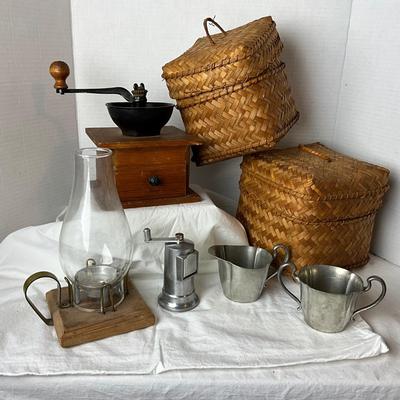 801 Vintage Wooden Coffee Mill with Baskets and Pewter Lot