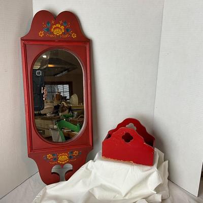 803 Vintage Red Painted Floral Wall Mirror with Red Box