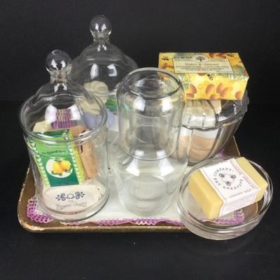 851 Glass Jar Lot with Assorted Soaps & Water Carafe