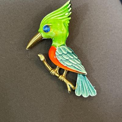 Vintage Enameled Rhinestone Woodpecker Bird Brooch Pin