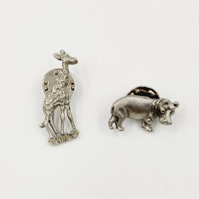 SIGNED PEWTER GIRAFFE & HIPPO PINS