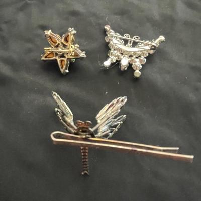 BUTTERFLY, DRAGONFLY AND GORGEOUS GREEN STONE PINS