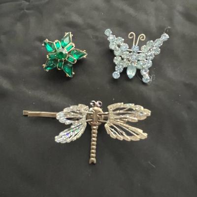 BUTTERFLY, DRAGONFLY AND GORGEOUS GREEN STONE PINS
