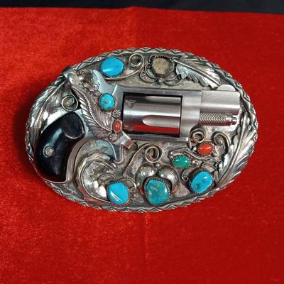 NORTH AMERICAN ARMS .22 LONG RIFLE MINI REVOLVER SET IN TURQUOISE & SILVER BELT BUCKLE