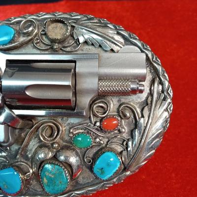 NORTH AMERICAN ARMS .22 LONG RIFLE MINI REVOLVER SET IN TURQUOISE & SILVER BELT BUCKLE