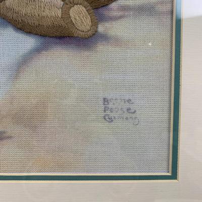 #99 Bessie Pease Gutman Embroidered Baby & Bear Framed 19.5" x 15.5"