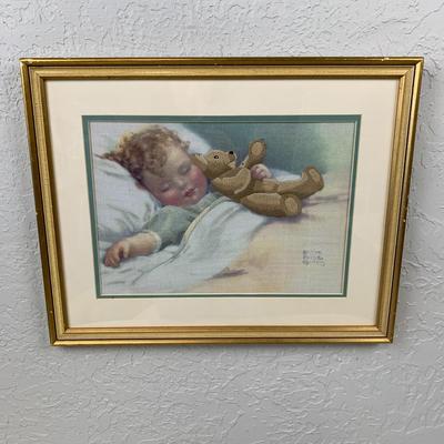 #99 Bessie Pease Gutman Embroidered Baby & Bear Framed 19.5" x 15.5"