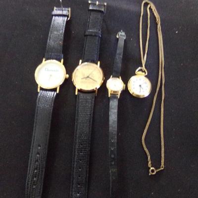 4 WATCHES; VENEZIO, WITTNAUER PEGASUS, WESTCLOX 17 JEWEL, UNMARKED NEACKLACE WATCH.