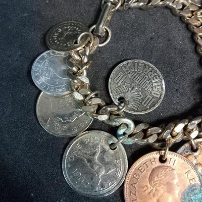 FOREIGN COIN CHARM BRACELET AND EARRINGS