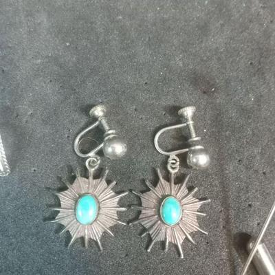 TURQUOISE AND STERLING EARRINGS AND STICK PIN