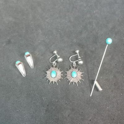 TURQUOISE AND STERLING EARRINGS AND STICK PIN