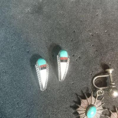 TURQUOISE AND STERLING EARRINGS AND STICK PIN