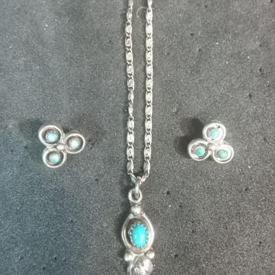 TURQUOISE AND STERLING EARRINGS AND PENDANT