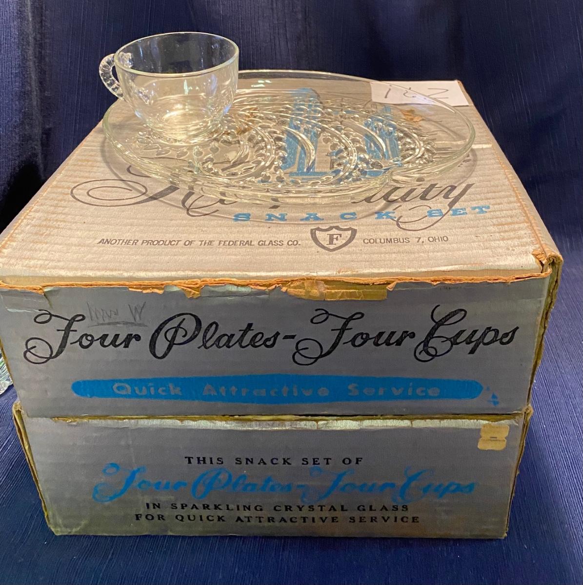 Set of 8 Federal Glass Snack Plates and Cups