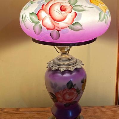 27â€ Vintage Hand Painted Purple Rose Cast Hurricane Lamp