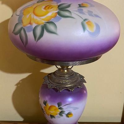 27â€ Vintage Hand Painted Purple Rose Cast Hurricane Lamp