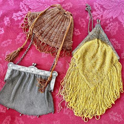 LOT 49  ANTIQUE PURSES 2 BEADED BAGS & 1 METAL MESH