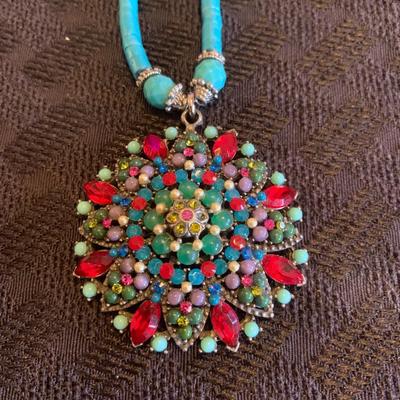 16â€ Turquoise  Necklace with bejeweled pendant