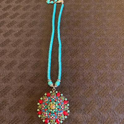 16â€ Turquoise  Necklace with bejeweled pendant