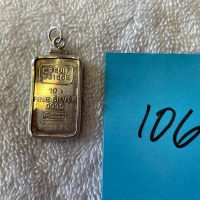Credit Suisse 10 gram Sterling bar in Pendant frame