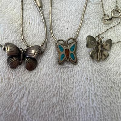 Lot of 3 Sterling Silver Necklaces w/ Butterfly Pendants
