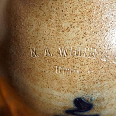 STONEWARE JUG STAMPED NA WHITE & SON UTICA NY PINE TREE SWIRL COBALT DESIGN