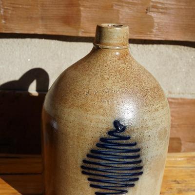 STONEWARE JUG STAMPED NA WHITE & SON UTICA NY PINE TREE SWIRL COBALT DESIGN