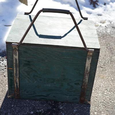 RUSTIC PAINTED GREEN GALVANIZED LINED COOLER WITH METAL FOLDING HANDLES