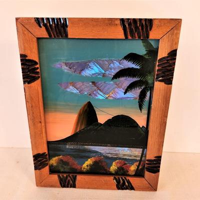 Lot #63  Vintage Butterfly Wing Picture in Handcarved frame