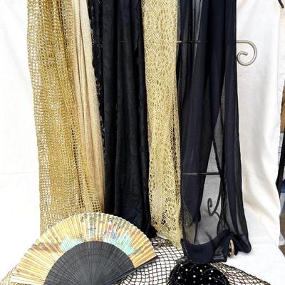LOT 56 Black & Gold Group Vintage Scarves Table Runners Fan
