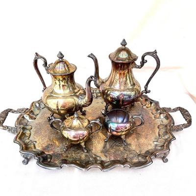 LOT 57 Silver Plate Sheridan Coffee & Tea Service w/Tray