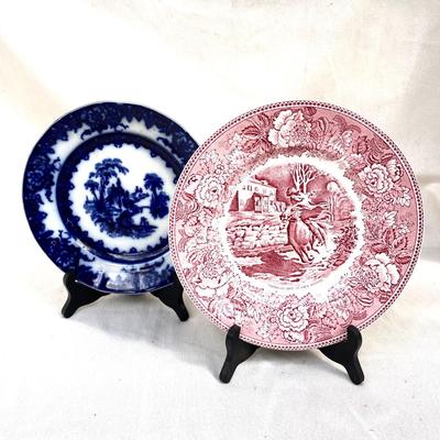 LOT 64 Antique Plates Pink & Flow Blue "Troy" + Paul Revere's Ride
