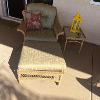 Wicker Patio Chair with Stool & Matching Side Table