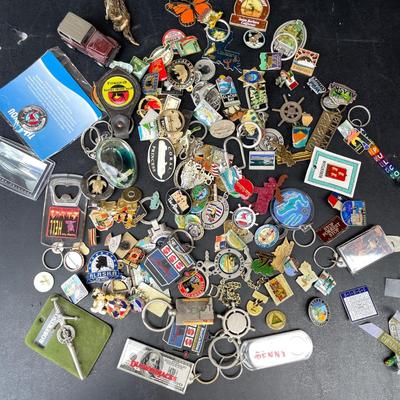 LOT 74 Group Assorted Key Chains & Pins Souvenirs