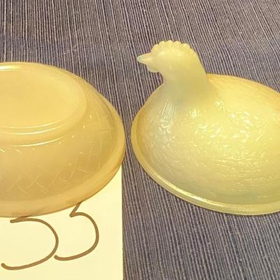 Vintage Milk Glass Hen on a Best